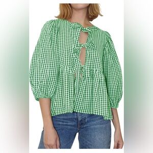 Cioatin Women Bow Tie Front Shirt Top Cute Puff Sleeve Green White Stripe Sz M